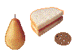 Image which includes pear, sandwich and cookie representing a Brown Bag Lunch.